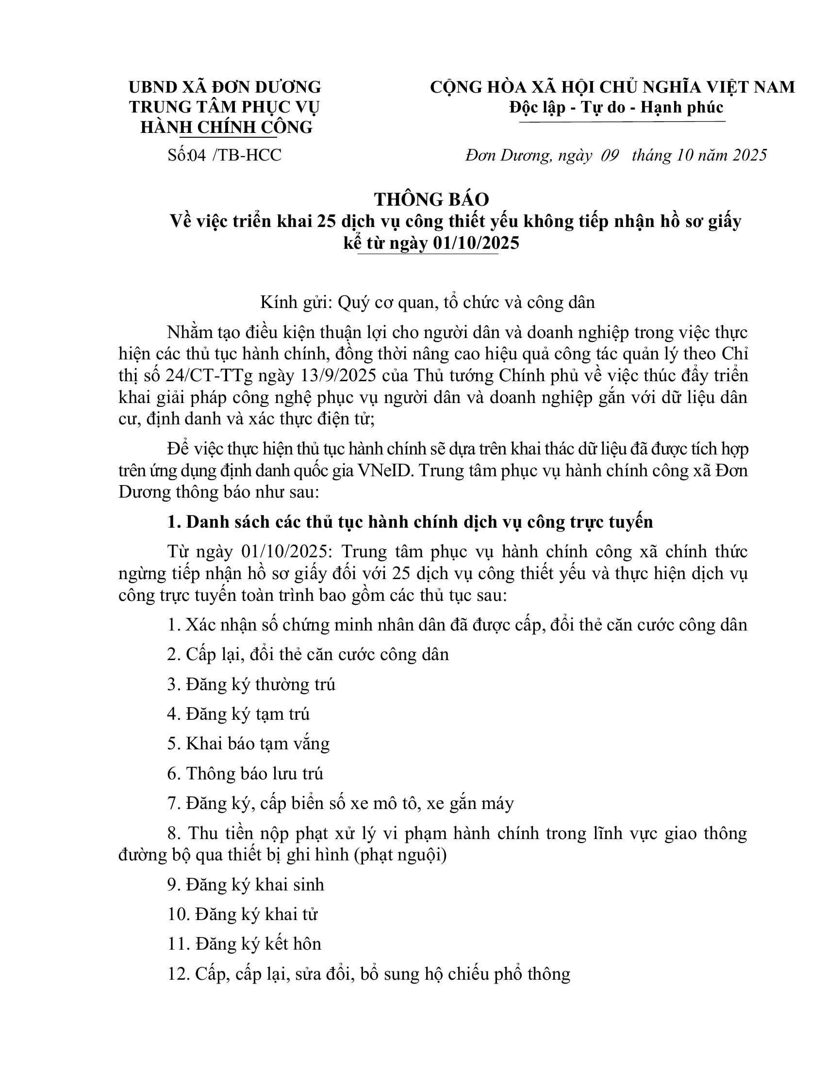 THÔNG BÁO - Về việc triển khai 25 dịch vụ công thiết yếu không tiếp nhận hồ sơ giấy kể từ ngày 01/10/2025