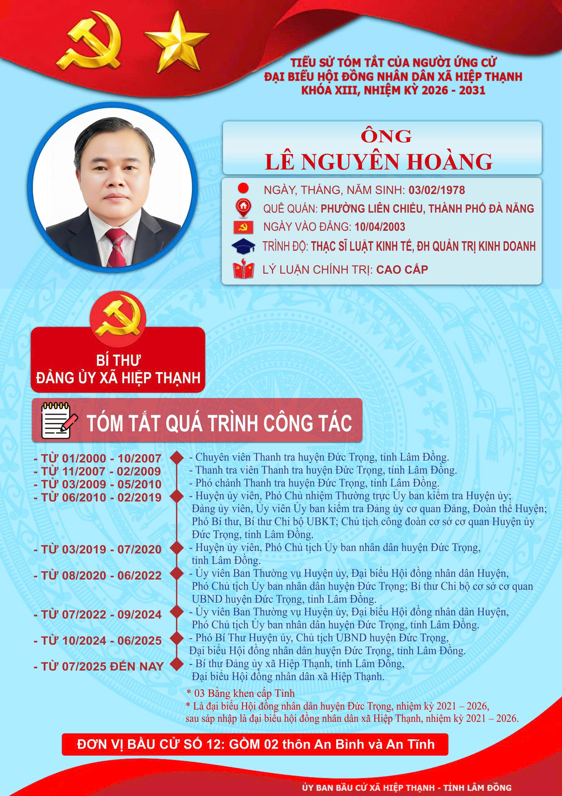 📄 TIỂU SỬ TÓM TẮT  Người ứng cử đại biểu Hội đồng nhân dân xã Hiệp Thạnh Khóa XIII, Nhiệm kỳ 2026 – 2031  📍 Đơn vị bầu cử số: 12