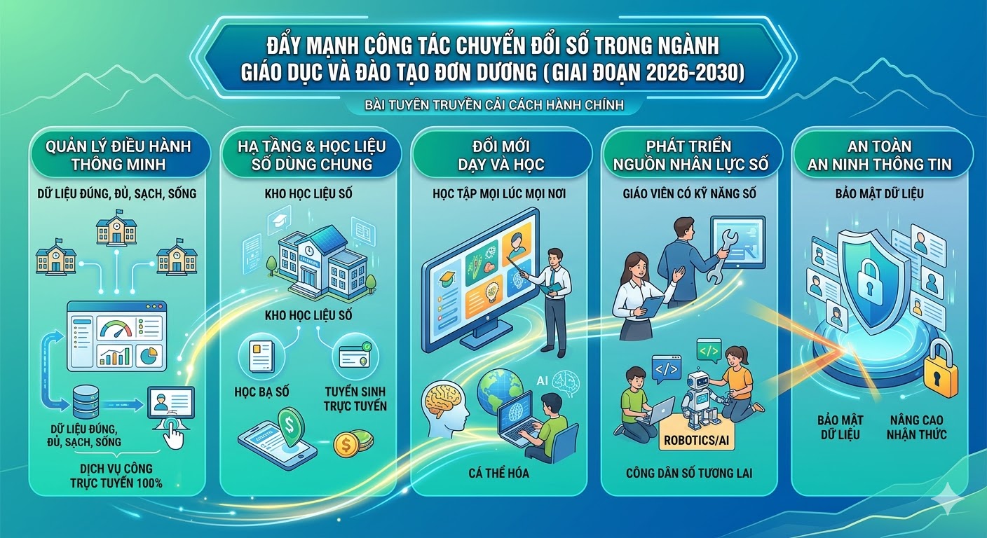 ĐẨY MẠNH CÔNG TÁC CHUYỂN ĐỔI SỐ TRONG NGÀNH GIÁO DỤC VÀ ĐÀO TẠO XÃ ĐƠN DƯƠNG GIAI ĐOẠN 2026 – 2030