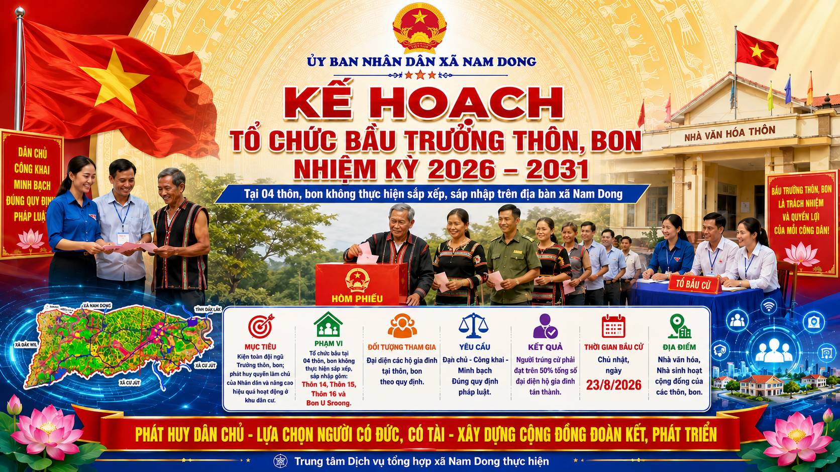 Kế hoạch Tổ chức bầu Trưởng thôn, bon, nhiệm kỳ 2026 – 2031, tại 04 thôn, bon không thực hiện sắp xếp, sáp nhập, trên địa bàn xã Nam Dong