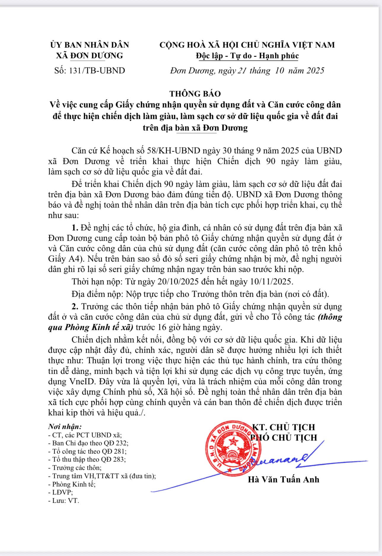 Thông Báo số 131/TB-UBND ngày 21/10/2025 của Ủy ban nhân dân Xã Đơn Dương về việc Cung cấp giấy Chứng nhận quyền sử dụng đất và Căn cước công dân để thực hiện chiến dịch làm giàu, làm sạch cơ sở dữ liệu Quốc gia về đất đai 
