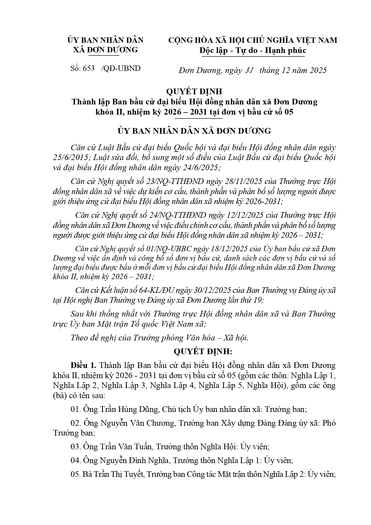 QUYẾT ĐỊNH - V/v thành lập Ban bầu cử đại biểu Hội đồng nhân dân xã Đơn Dương khoá II, nhiệm kỳ 2026-2031 tại đơn vị bầu cử số 05