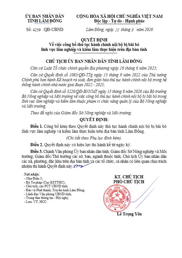 Lâm Đồng ban hành Quyết định số 4259/QĐ-UBND công bố thủ tục hành chính nội bộ bị bãi bỏ lĩnh vực lâm nghiệp và kiểm lâm