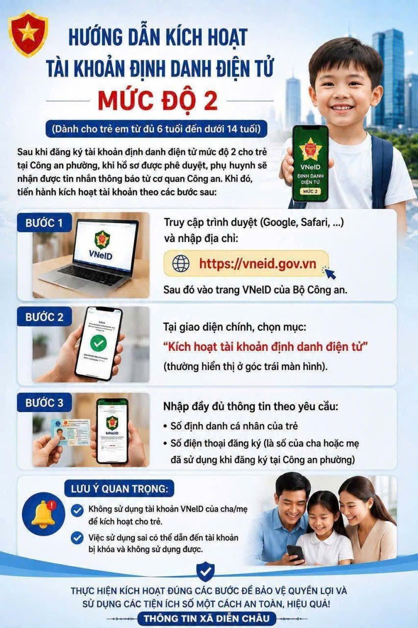 📱 HƯỚNG DẪN KÍCH HOẠT TÀI KHOẢN ĐỊNH DANH ĐIỆN TỬ MỨC ĐỘ 2 CHO TRẺ DƯỚI 14 TUỔI