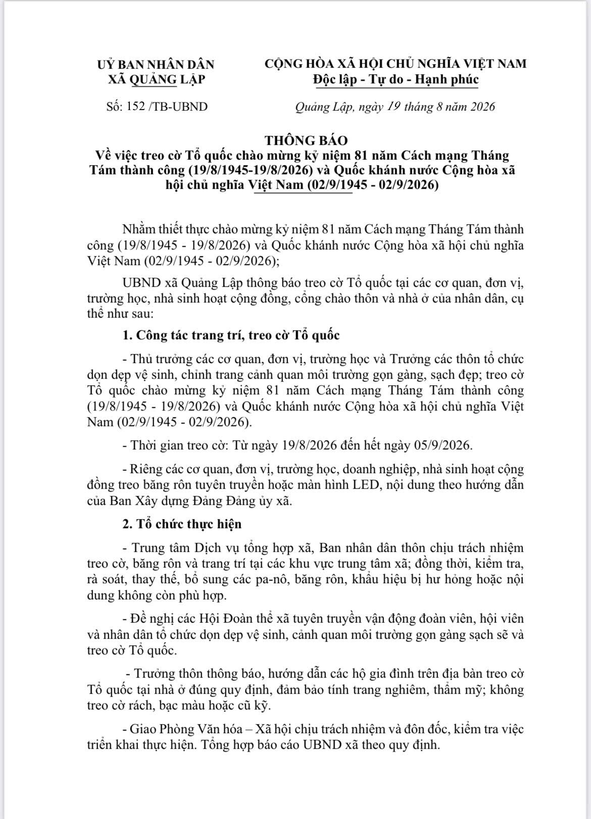 Thông báo treo cờ Tổ quốc chào mừng kỷ niệm 81 năm Cách mạng Tháng Tám thành công (19/8/1945-19/8/2026) và Quốc khánh nước Cộng hoà xã hội chủ nghĩa Việt Nam (02/9/1945-02/9/2026)