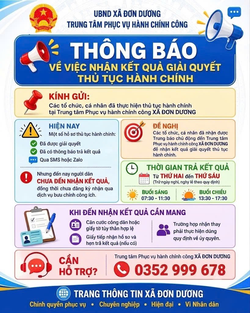 📣📣THÔNG BÁO VỀ VIỆC TRẢ KẾT QUẢ GIẢI QUYẾT THỦ TỤC HÀNH CHÍNH