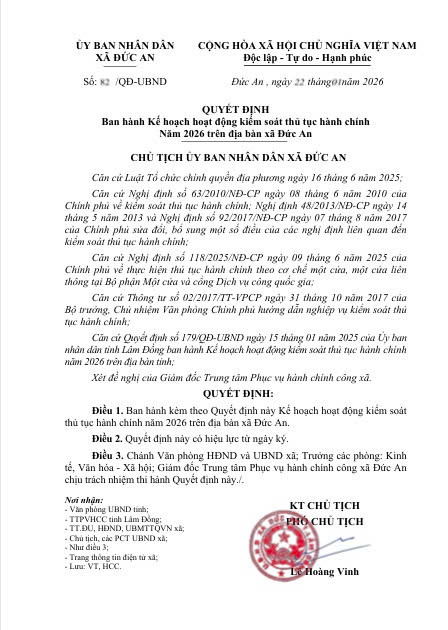 Quyết định ban hành Kế hoạch hoạt động kiểm soát thủ tục hành chính năm 2026 trên địa bàn xã Đức An