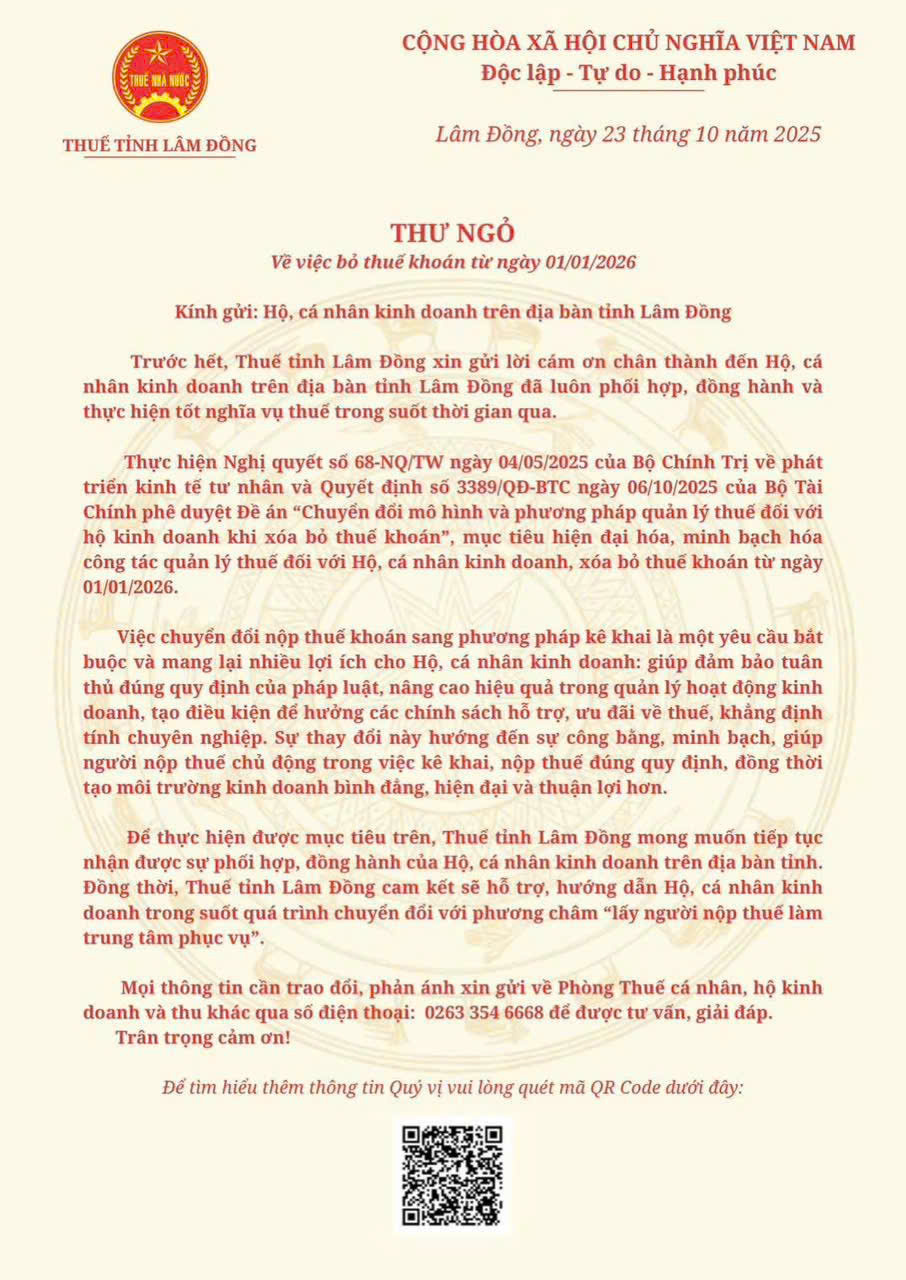 Thuế tỉnh Lâm Đồng gửi Thư Ngỏ đến Hộ, cá nhân kinh doanh trên địa bàn về việc bỏ thuế khoán từ ngày 01/01/2026.
