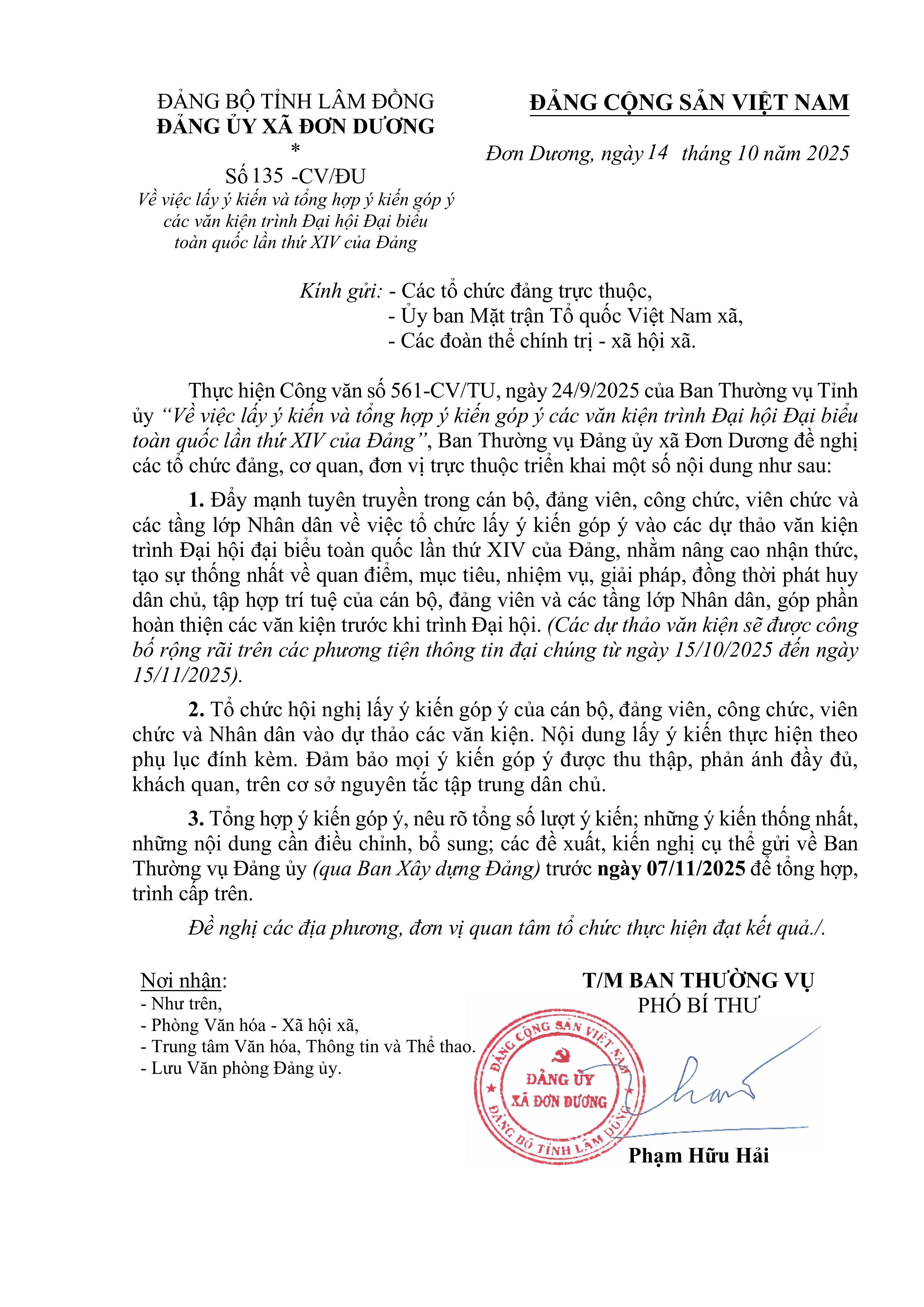 CV - Về việc lấy ý kiến và tổng hợp ý kiến góp ý các văn kiện trình Đại hội Đại biểu toàn quốc lần thứ XIV của Đảng