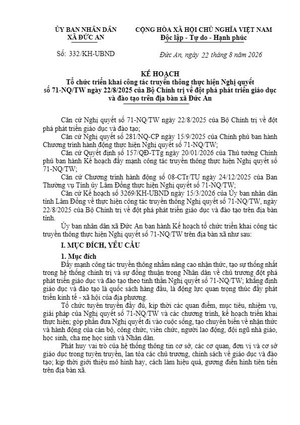 Xã Đức An ban hành Kế hoạch truyền thông thực hiện Nghị quyết số 71-NQ/TW về đột phá phát triển giáo dục và đào tạo