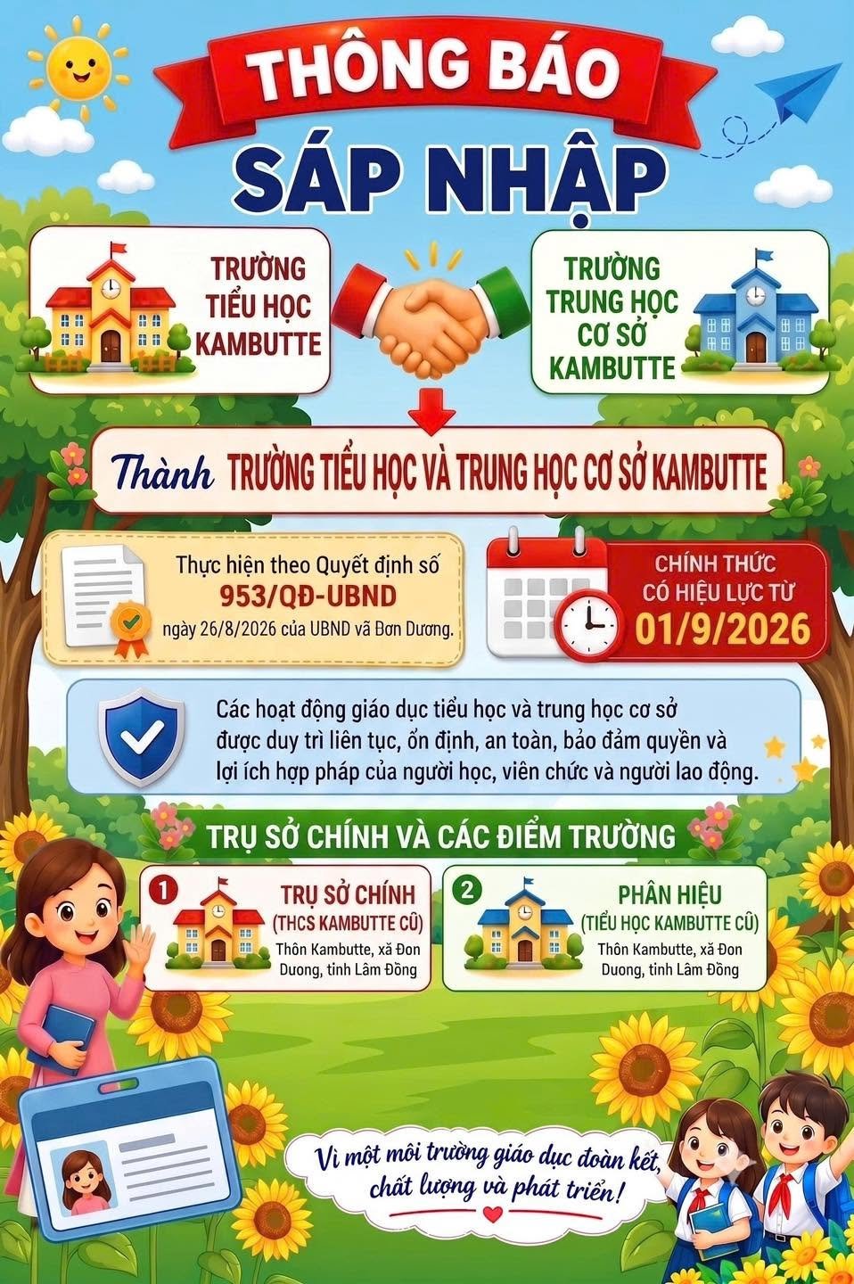 QUYẾT ĐỊNH Về việc thành lập Trường Tiểu học và Trung học cơ sở Kambutte trên cơ sở sáp nhập Trường Tiểu học Kambutte và Trường Trung học cơ sở Kambutte