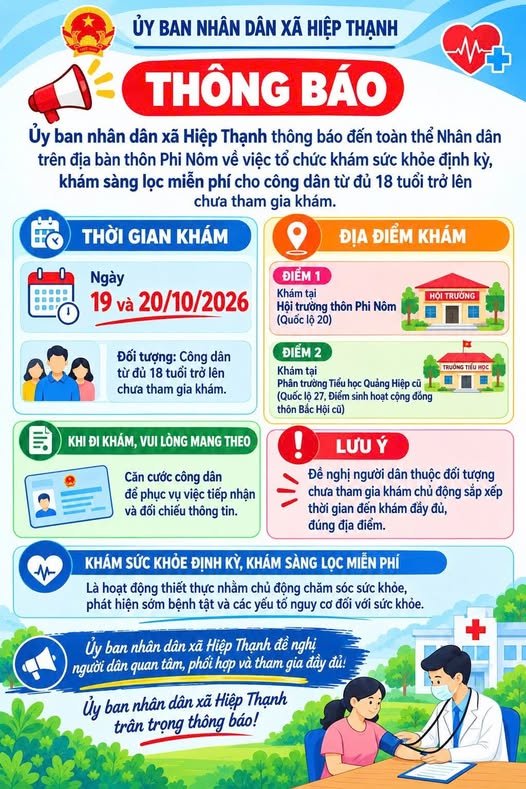 THÔNG BÁO  Về việc tổ chức khám sức khỏe định kỳ, khám sàng lọc miễn phí cho người dân