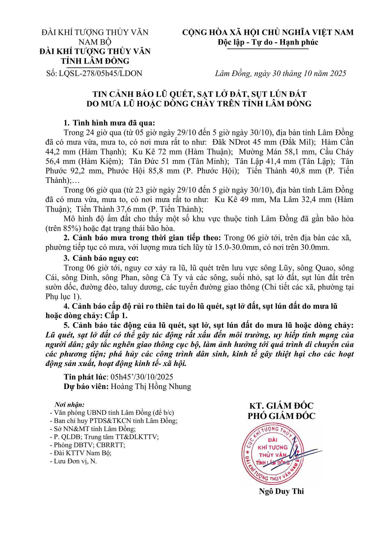 Tin cảnh báo lũ quét, sạt lở đất, sụt lún đất do mưa lũ hoặc dòng chảy trên tỉnh Lâm Đồng