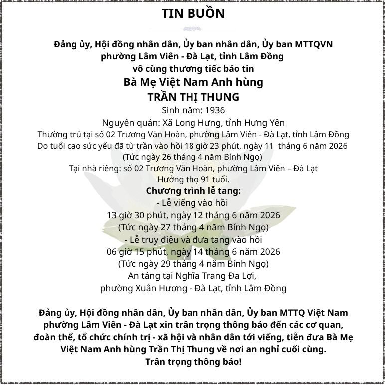 THÔNG BÁO TIN BUỒN