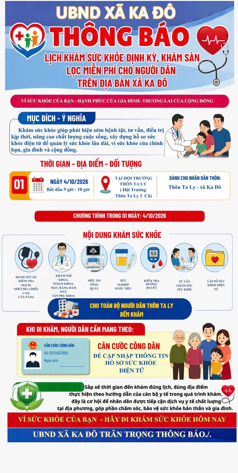 Thông báo khám sức khỏe định kỳ, khám sàng lọc miễn phí cho người dân trên địa bàn xã Ka Đô ngày 04/10/2026