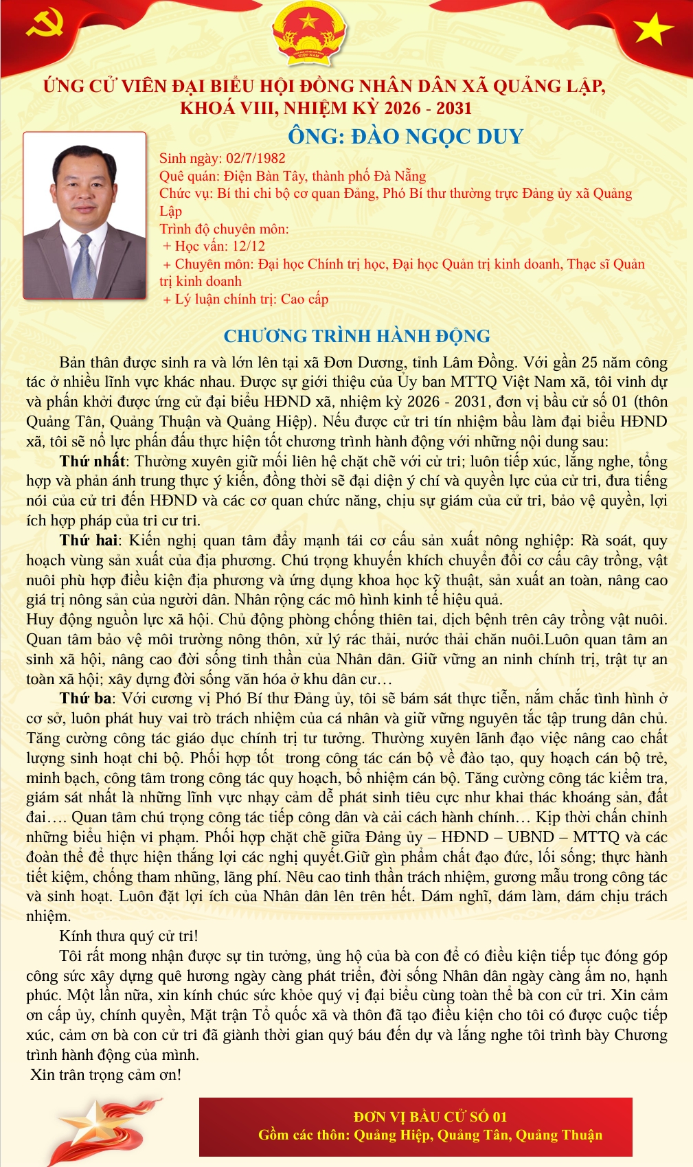 Chương trình hành động của các ứng cử viên Hội đồng nhân dân xã Quảng Lập khoá VIII, nhiệm kỳ 2026-2031 - Đơn vị bầu cử số 1