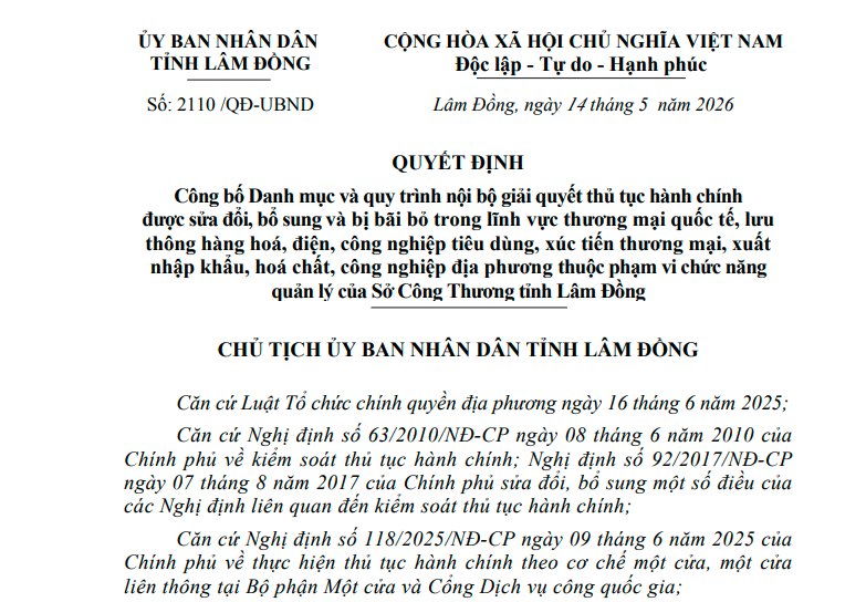 Công khai danh mục thủ tục hành chính theo Quyết định số 2110/QĐ-UBND ngày 14/5/2026 của UBND tỉnh Lâm Đồng