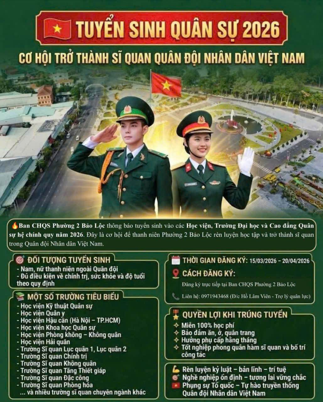 THÔNG TIN TUYỂN SINH QUÂN SỰ NĂM 2026 CỦA BAN TUYỂN SINH QUÂN SỰ PHƯỜNG 2 BẢO LỘC