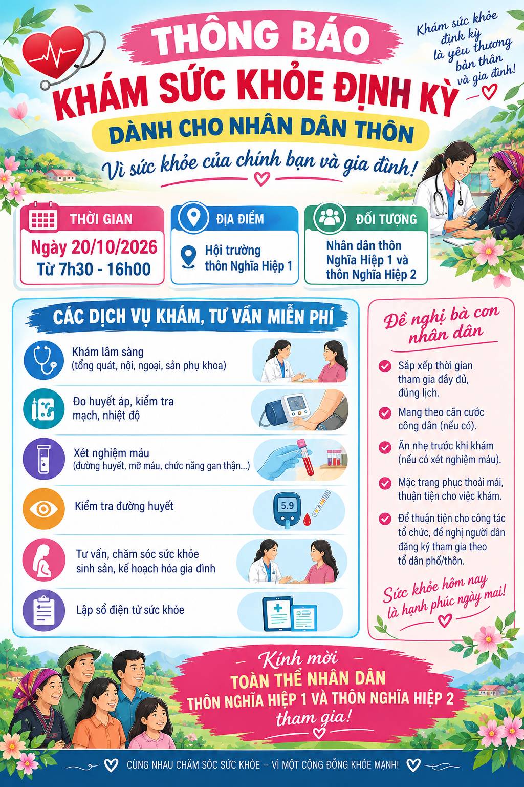Thông báo khám sức khỏe định kỳ, khám sàng lọc miễn phí cho người dân trên địa bàn xã Ka Đô ngày 20/10/2026