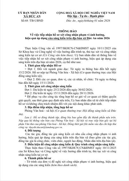 Thông báo về việc tiếp nhận hồ sơ xét công nhận phạm vi ảnh hưởng, hiệu quả áp dụng của sáng kiến trên địa bàn xã Đức An năm 2026
