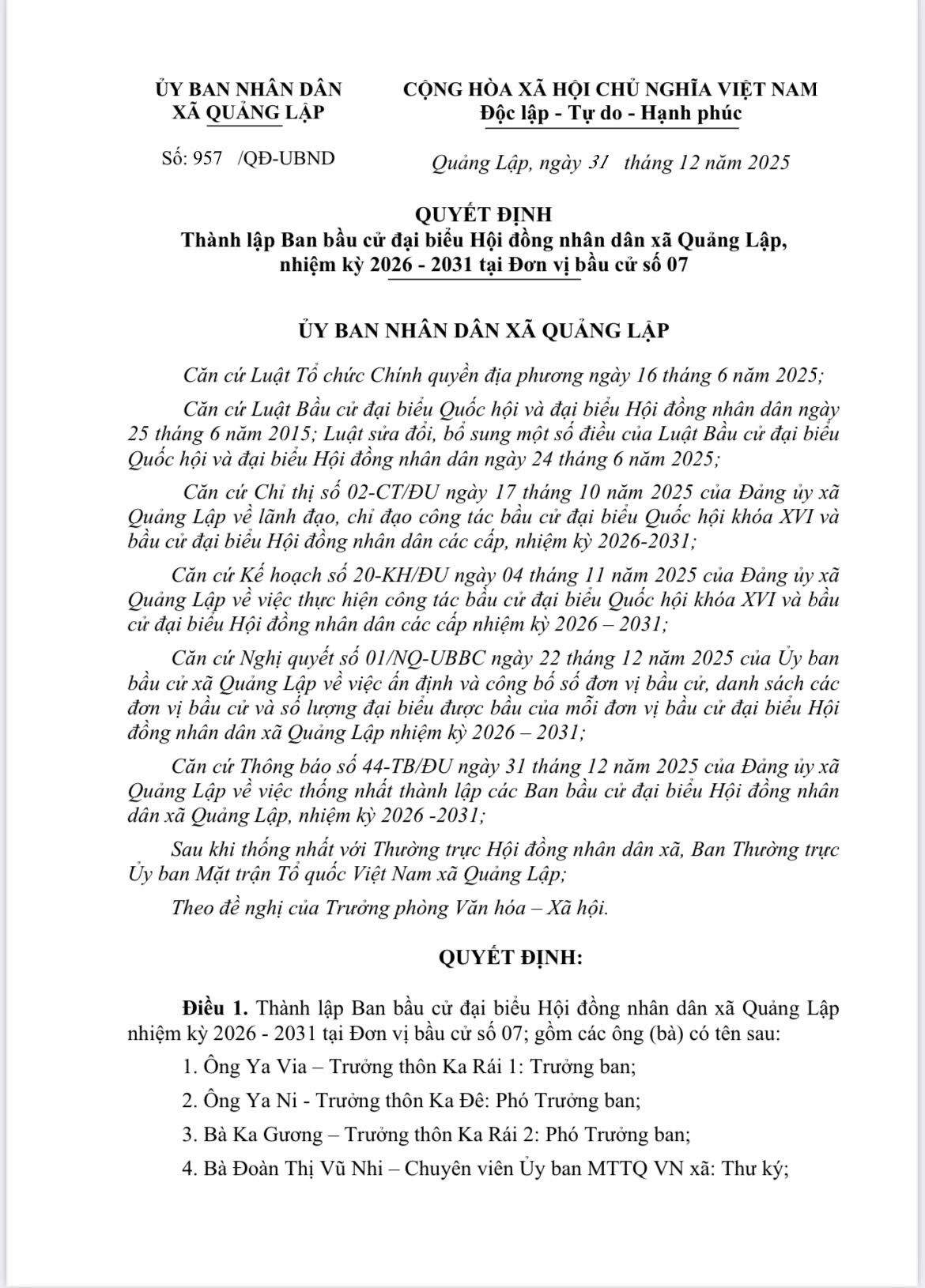 Quyết định thành lập Ban bầu cử đại biểu Hội đồng nhân dân xã Quảng Lập nhiệm kỳ 2026 - 2031 tại đơn vị bầu cử số 07