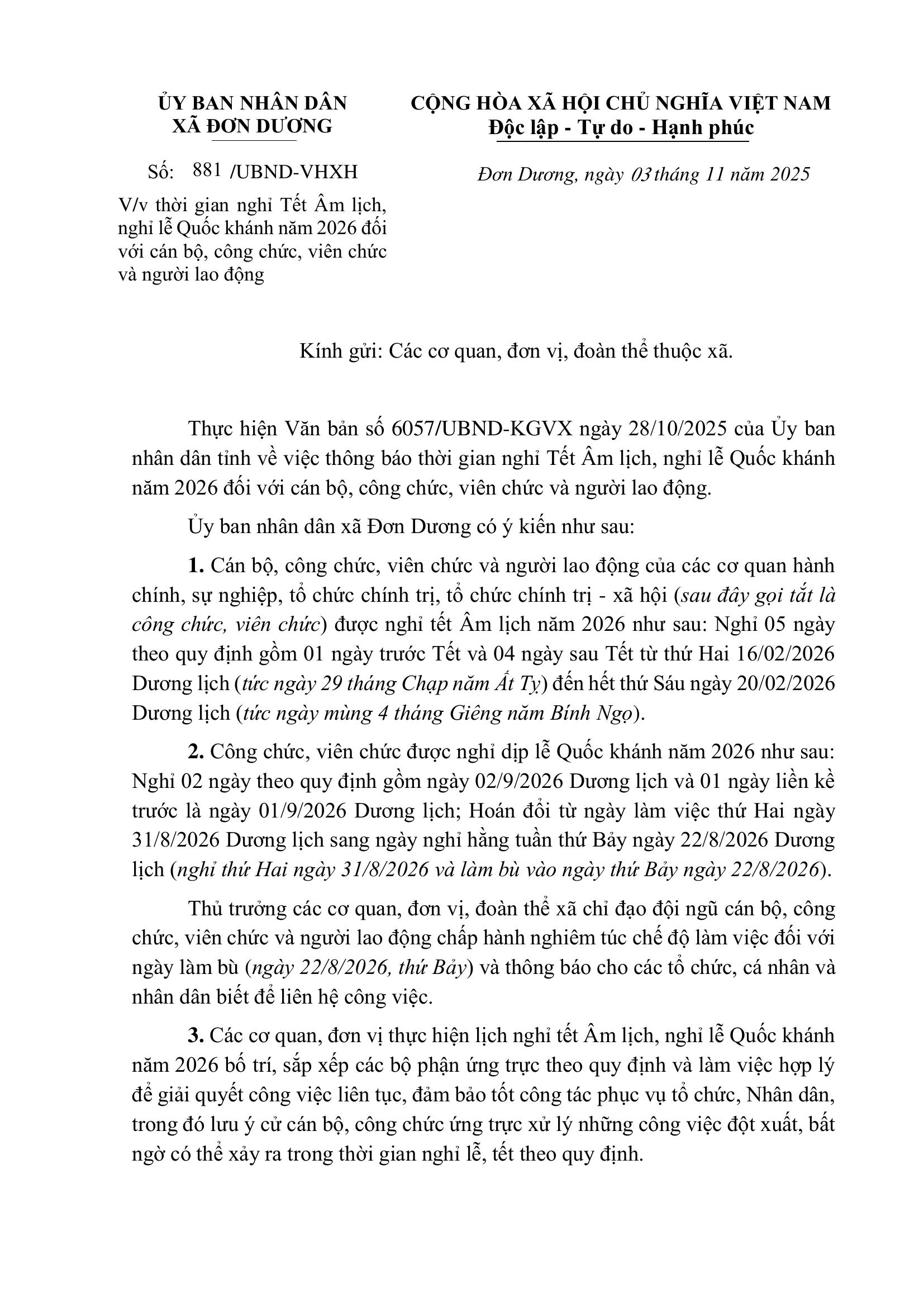 Thông báo thời gian nghỉ Tết Âm lịch, nghỉ lễ Quốc khánh năm 2026 đối với cán bộ, công chức, viên chức và người lao động 
