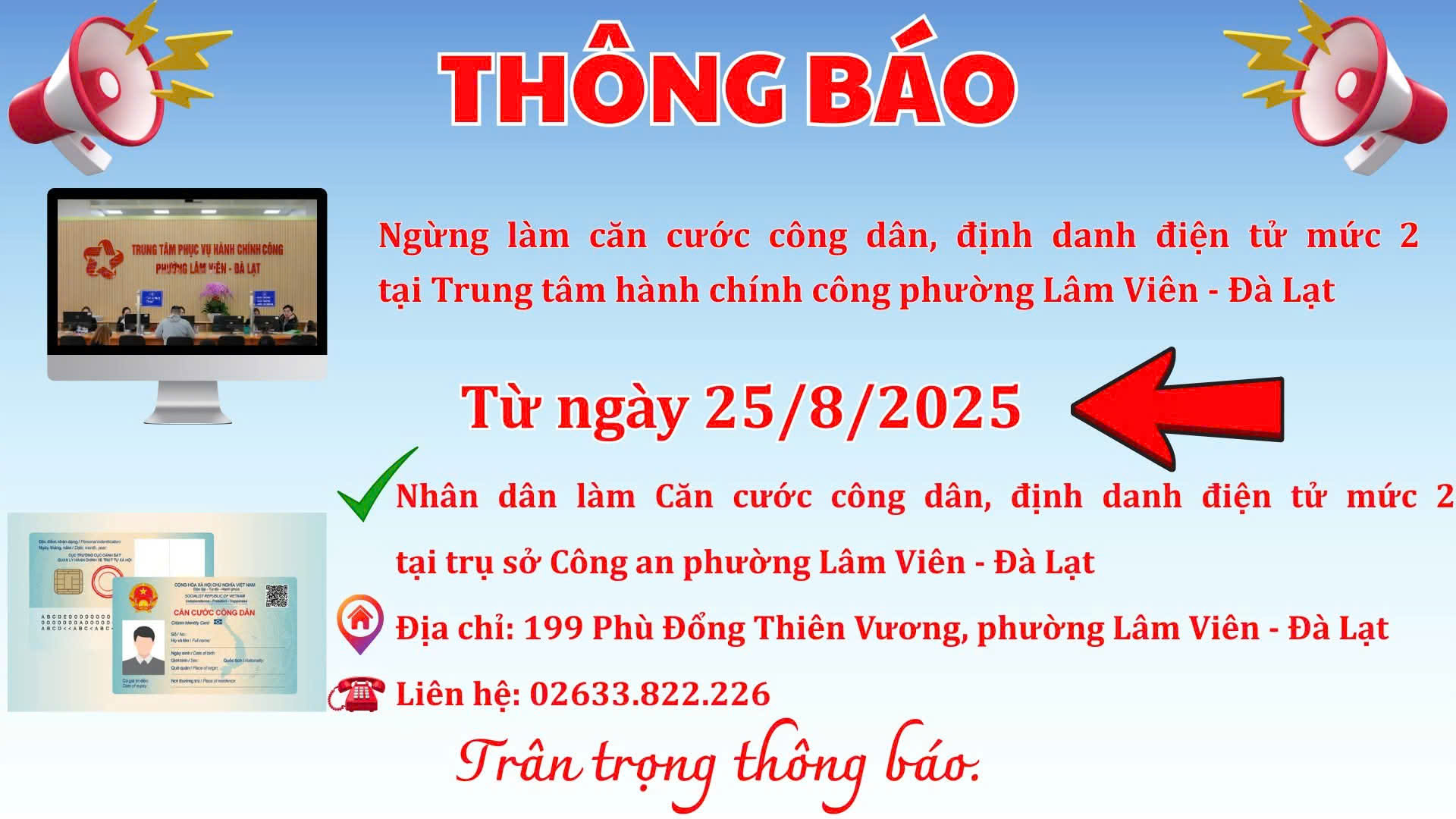 Thông báo thay đổi địa điểm làm Căn cước và Định danh điện tử