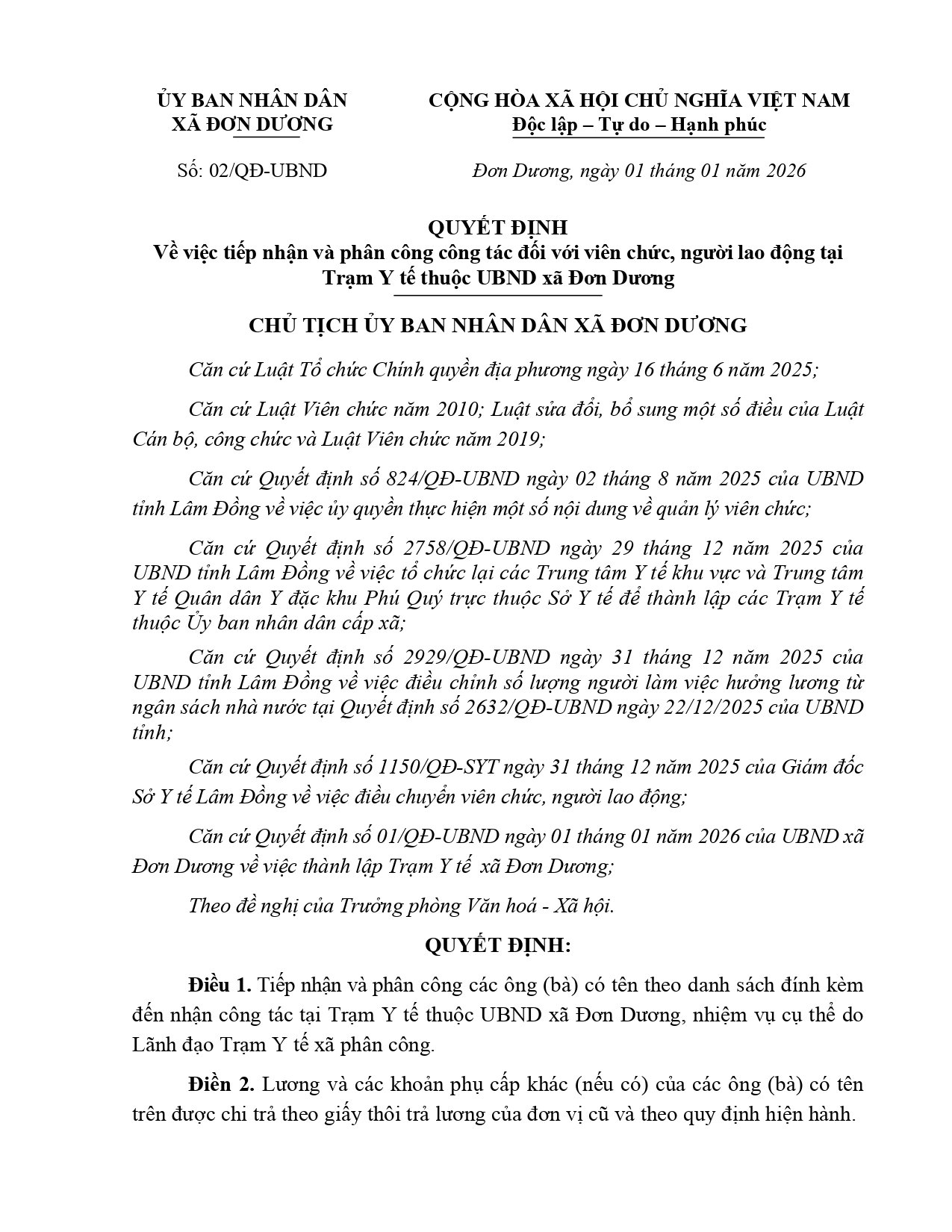QUYẾT ĐỊNH V/v tiếp nhận và phân công công tac đối với viên chức, người lao động tại Trạm Y tế thuộc UBND xã Đơn Dương