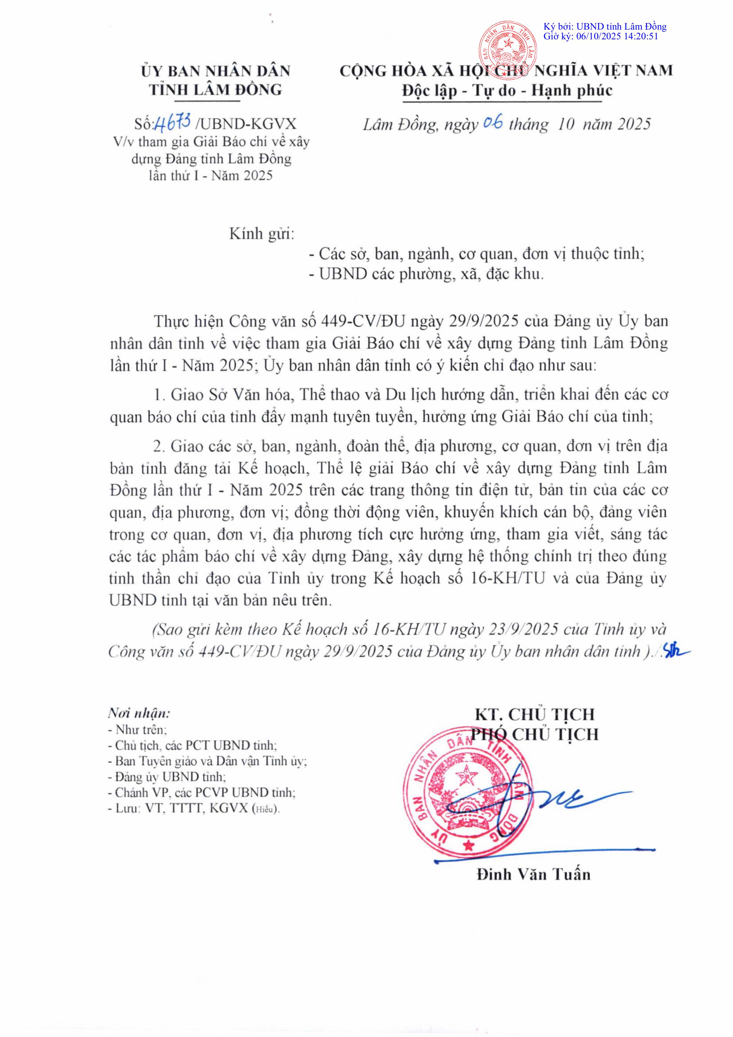 CÔNG VĂN - V/v tham gia Giải Báo chi về xây dựng Đảng tỉnh Lâm Đồng