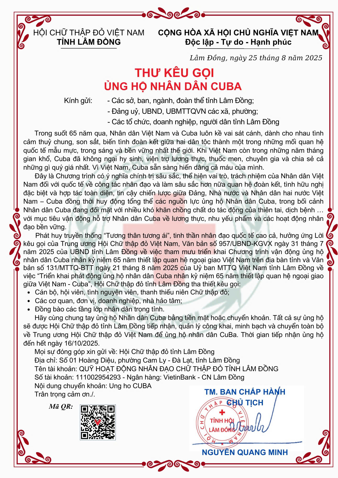 THƯ KÊU GỌI ỦNG HỘ NHÂN DÂN CUBA