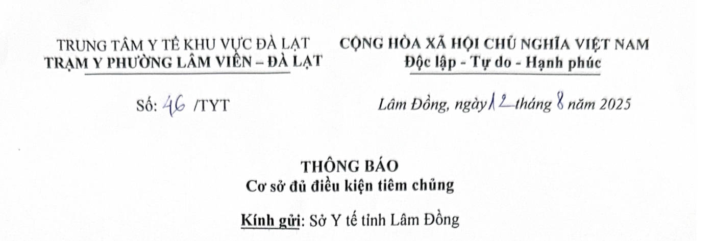 Thông báo Cở sở đủ điều kiện tiêm chủng