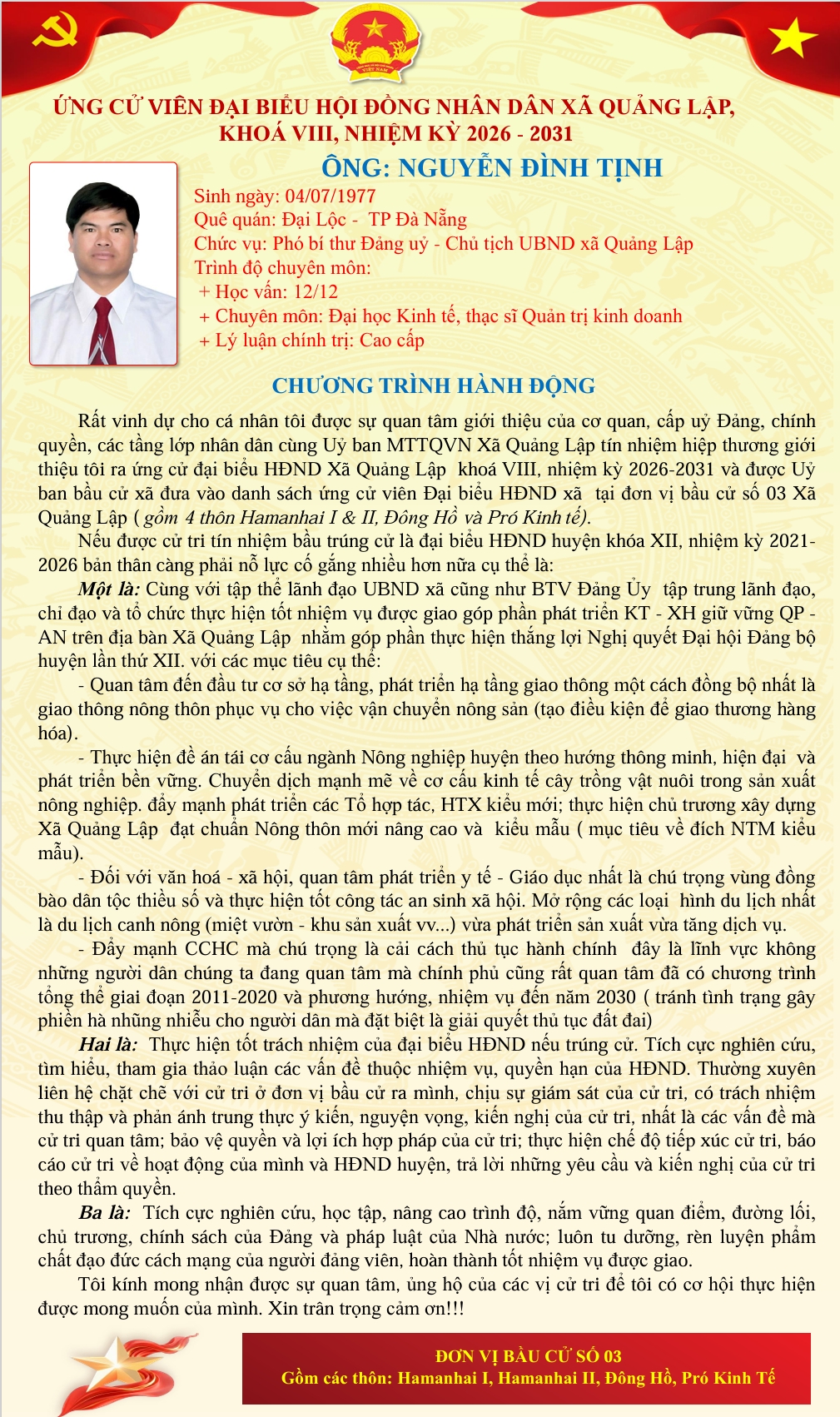 Chương trình hành động của các ứng cử viên Đại biểu hội đồng Nhân dân xã Quảng Lập khoá VIII, nhiệm kỳ 2026-2031, đơn vị bầu cử số 03 gồm các thôn: Hamanhai I, Hamanhai II, Đông Hồ, Pró kinh Tế